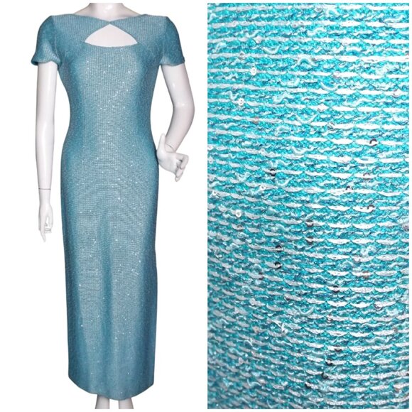 ST. JOHN Maxi Dress, 4, Blue/silver Sequins, Textured Knit, Cut-out,Short sleeve - Picture 1 of 16